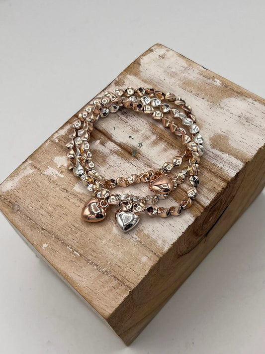 Triple Strand Bracelet With Drop Hearts - Mix