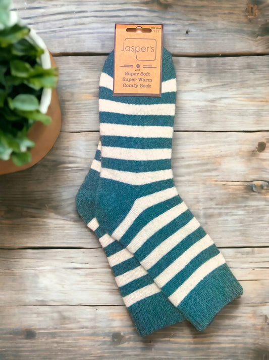 Unisex Striped Cosy Socks - Green/Cream