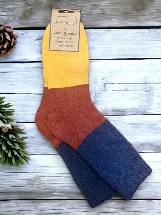 Unisex Colour Block Cosy Socks - Blue/Rust/Mustard
