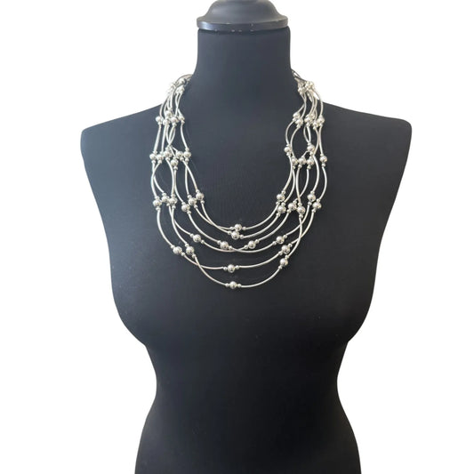 Layered Necklace with Beads - Silver