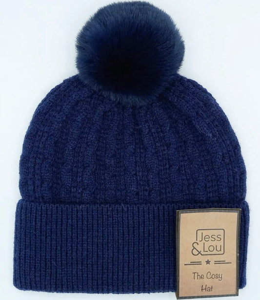Cable Bobble Hat - Navy