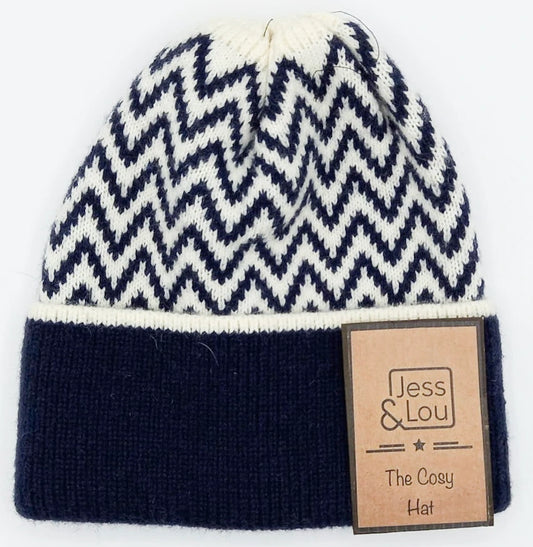 Herringbone Beanie Hat - Navy