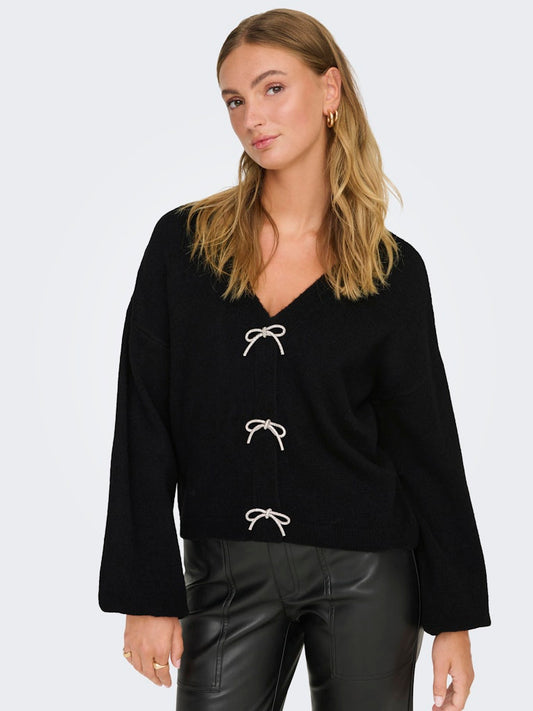 Donna V-Neck Bow Knit - Black