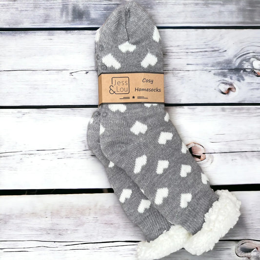 Cosy Hearts Slipper Socks - Grey
