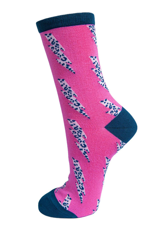 Bamboo Socks Leopard Print Ankle Socks Lightning Bolt - Pink