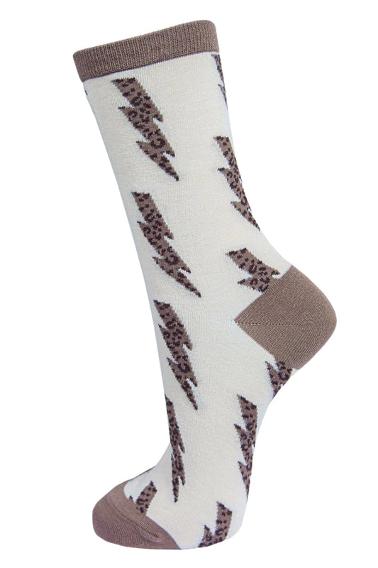 Bamboo Socks Leopard Print Ankle Socks Lightning Bolts - Neutral