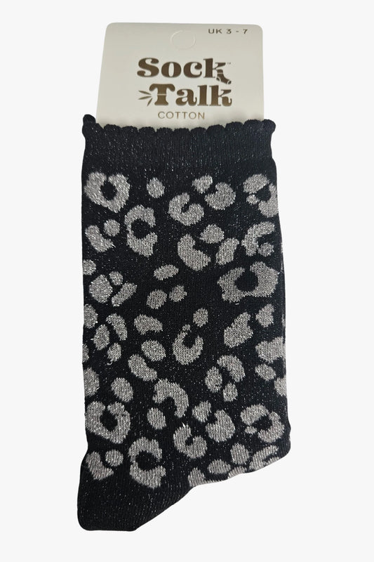 Women's Glitter Animal Print Socks - Grey/Black