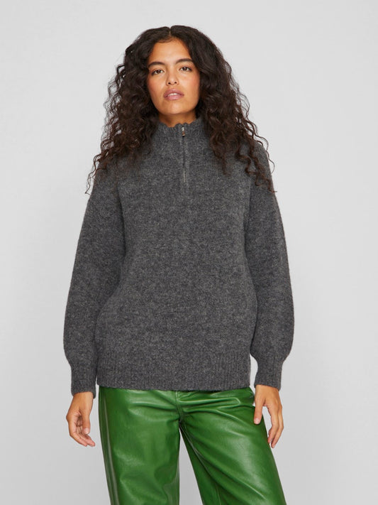 Alma High Neck Half Zip - Dark Grey Melange
