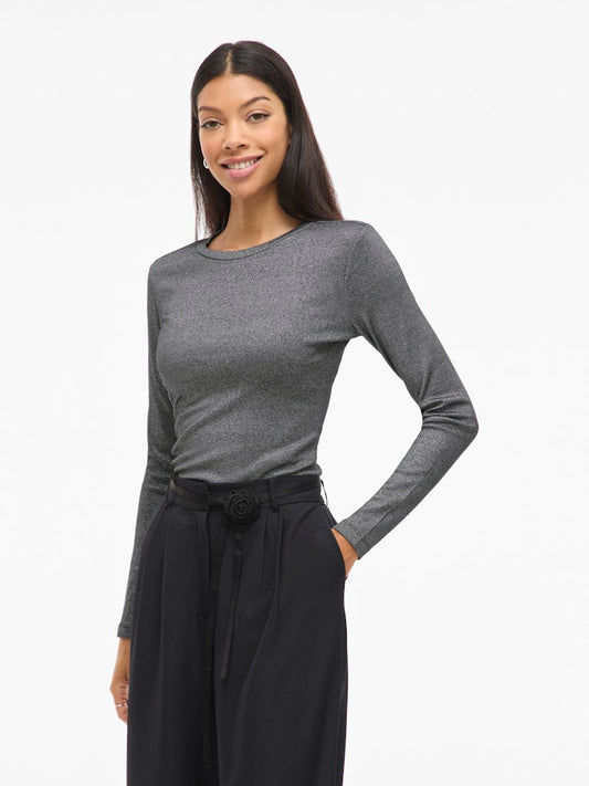 Catrea Crew-Neck Glitter Top - Black