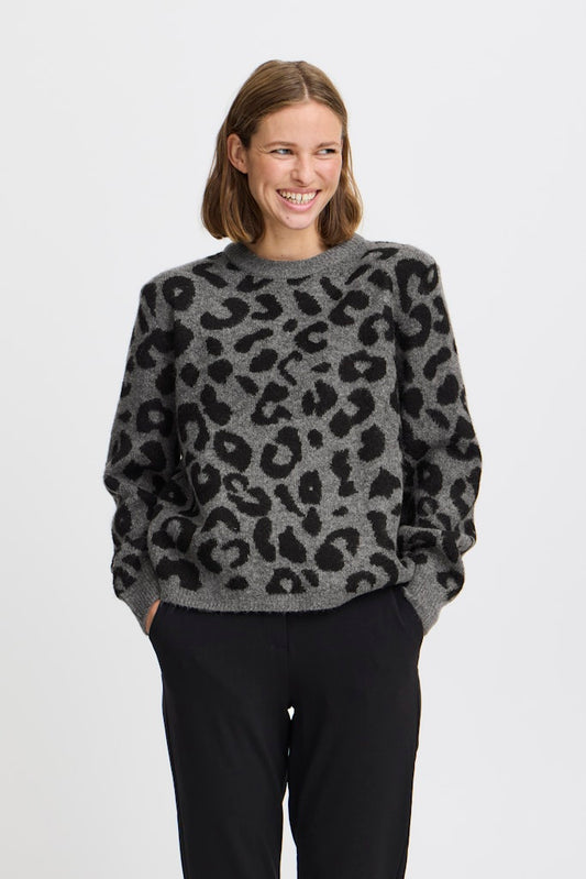Minya Leopard Jumper - Mid Grey Melange