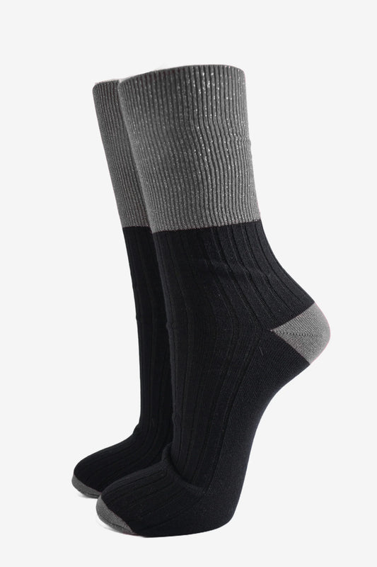 Women's Folding Cuff Glitter Socks - Grey/Black
