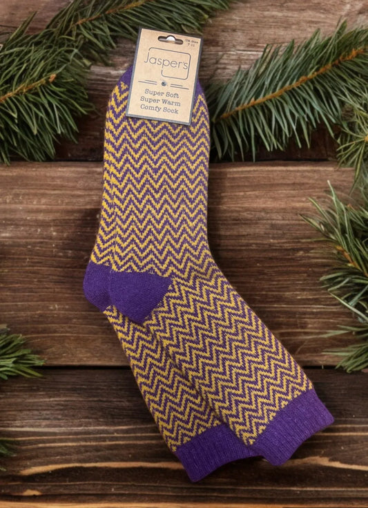 Unisex Herringbone Cosy Socks - Purple/Mustard