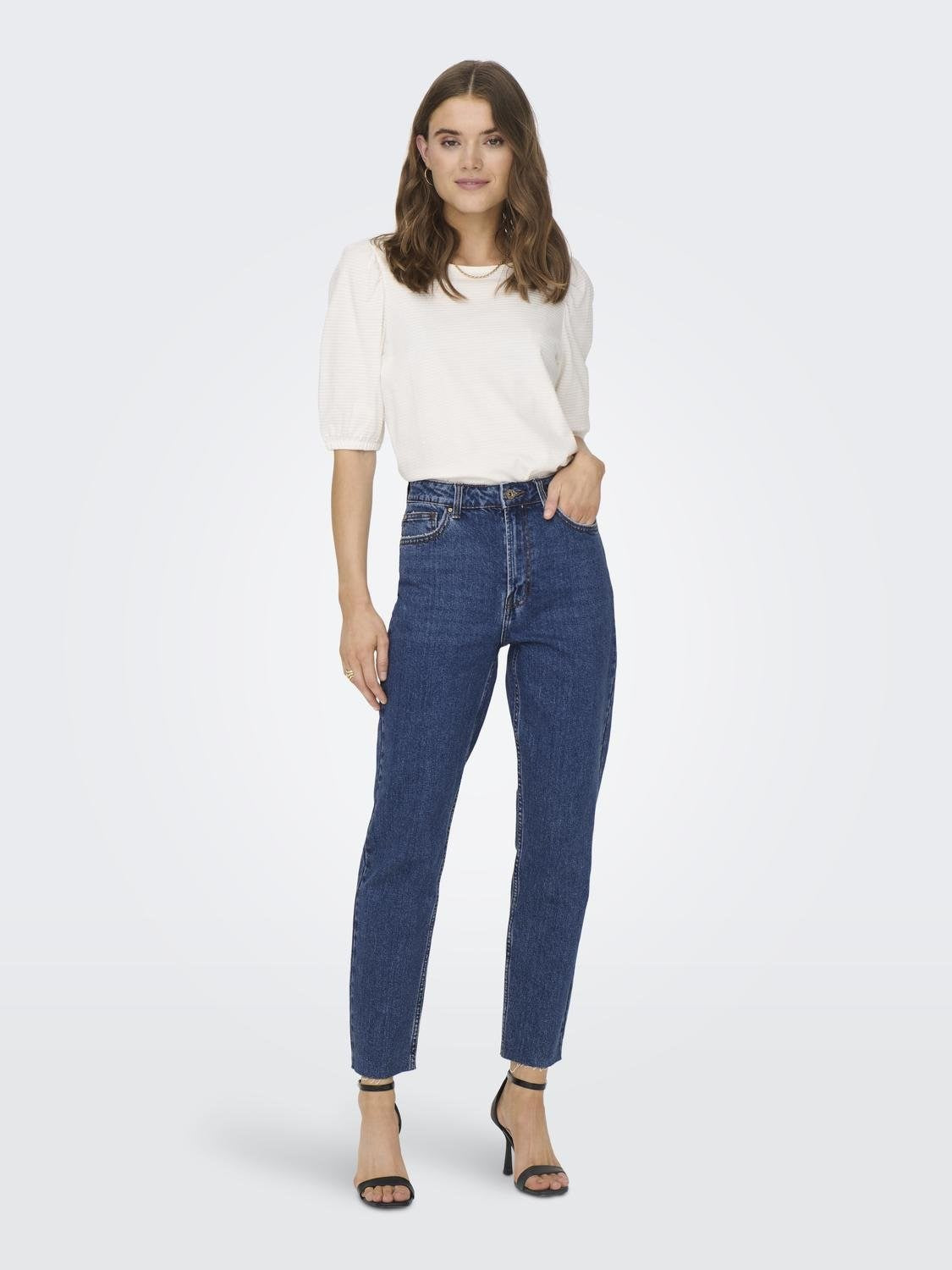 Emily High Waist Raw Hem Jeans - Dark Blue Denim