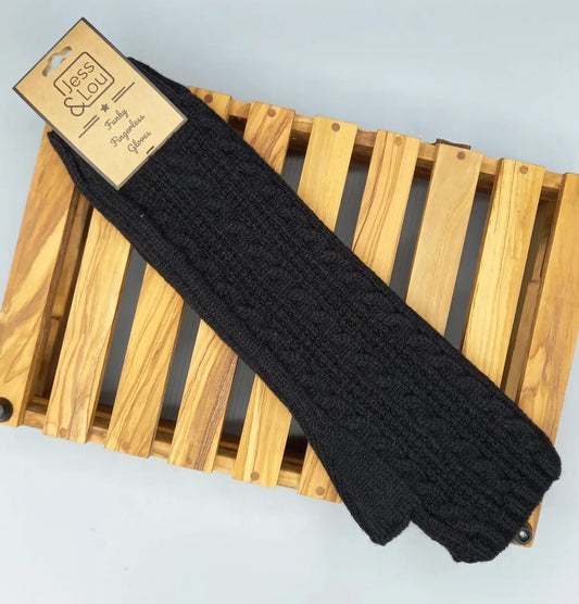 Long Cable Fingerless Gloves - Black