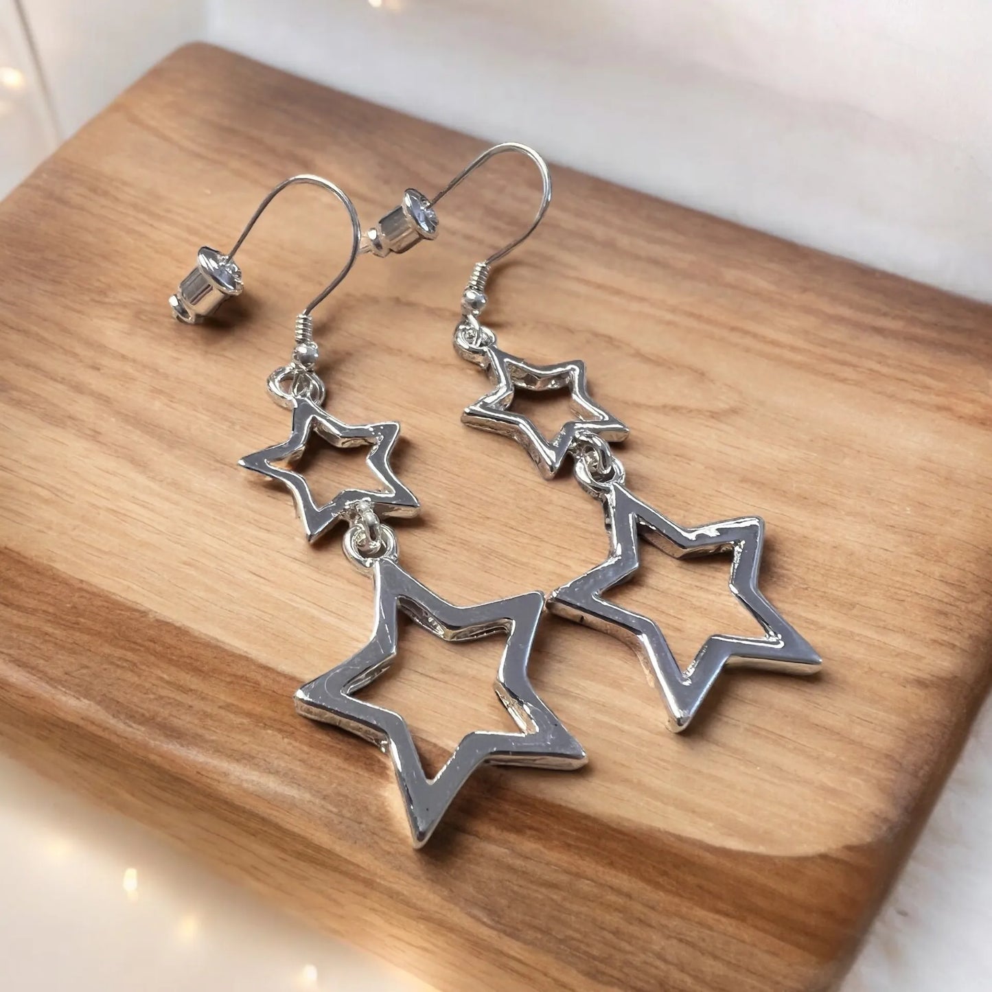 Hollow Double Star Stud Earring - Silver