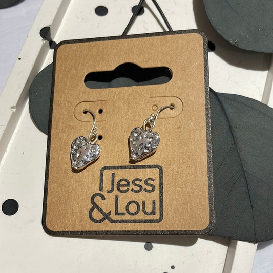 Small Battered Heart Earrings - Silver